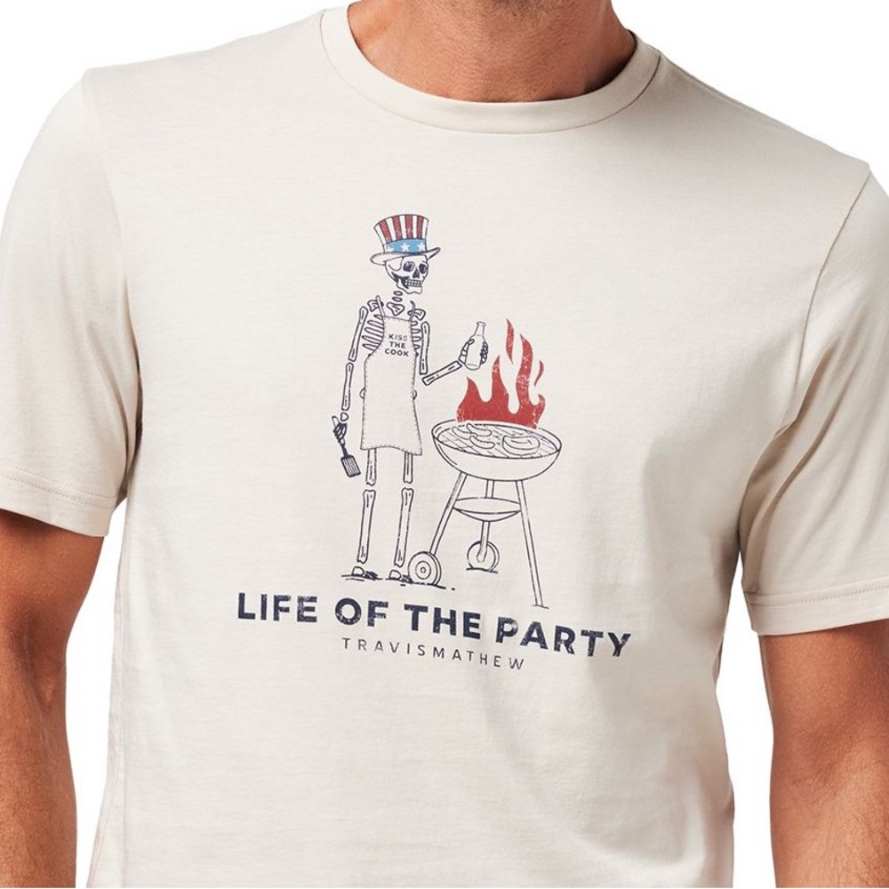 NWT Travis Mathew GOLF Mens Grill and Thrill T-Shirt, features skeleton grilling